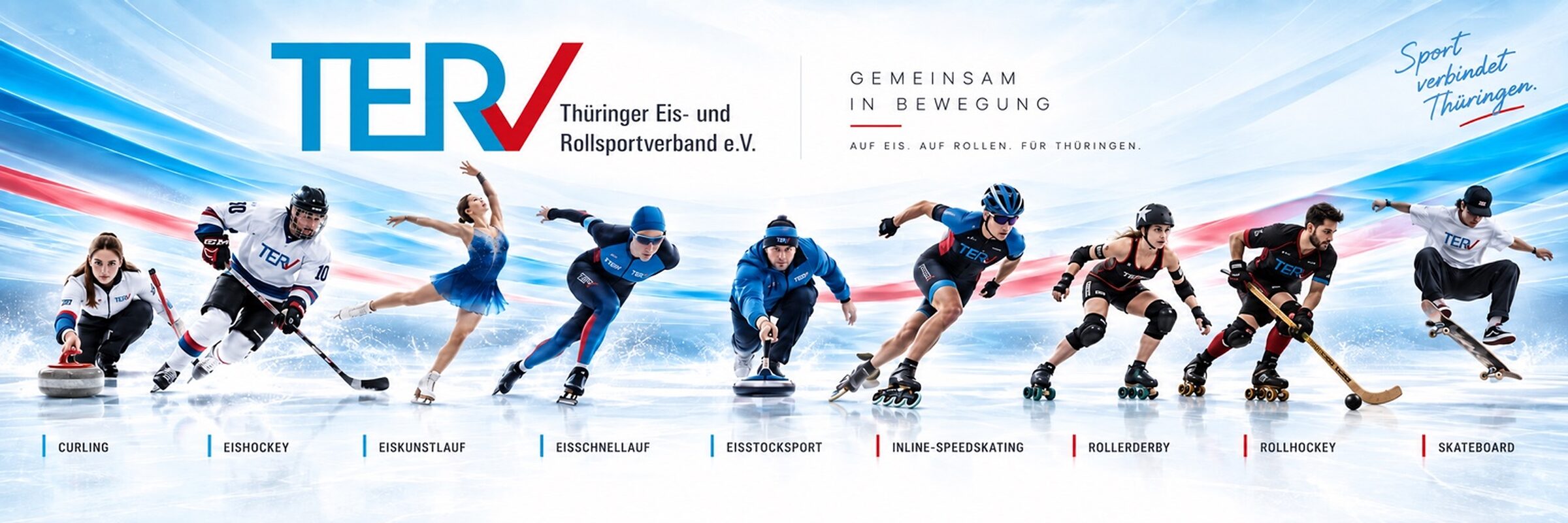 KI-generiertes Bild: TERV – Thüringer Eis- und Rollsportverband e.V. Gemeinsam in Bewegung. Auf Eis. Auf Rollen. Für Thüringen. Sportarten: Curling, Eishockey, Eiskunstlauf, Eisschnelllauf, Eisstocksport, Inline-Speedskating, Rollerderby, Rollhockey, Skateboard.